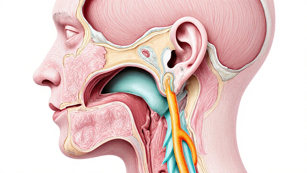 Anatomické znázornění ušního kanálu, eustachovy trubice a vagusového nervu.