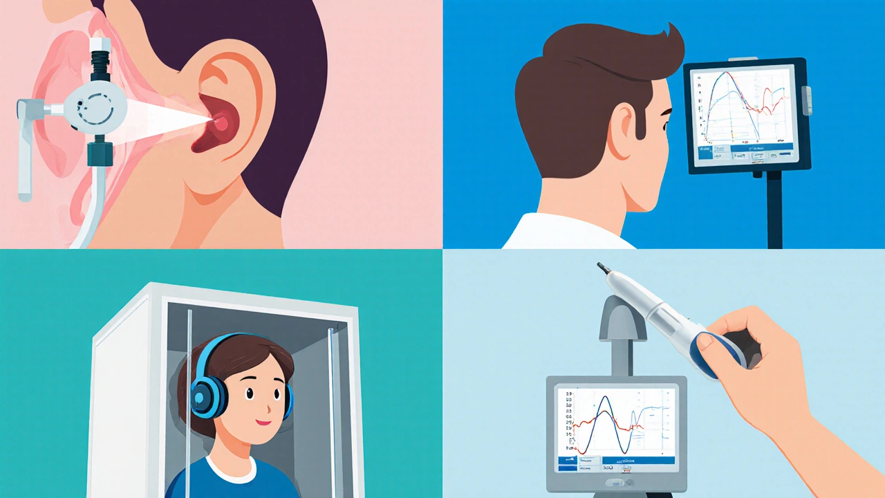 Čtyři scény ukazují otoskopii, audiometrii, tympanometrii a otoakustické emise.