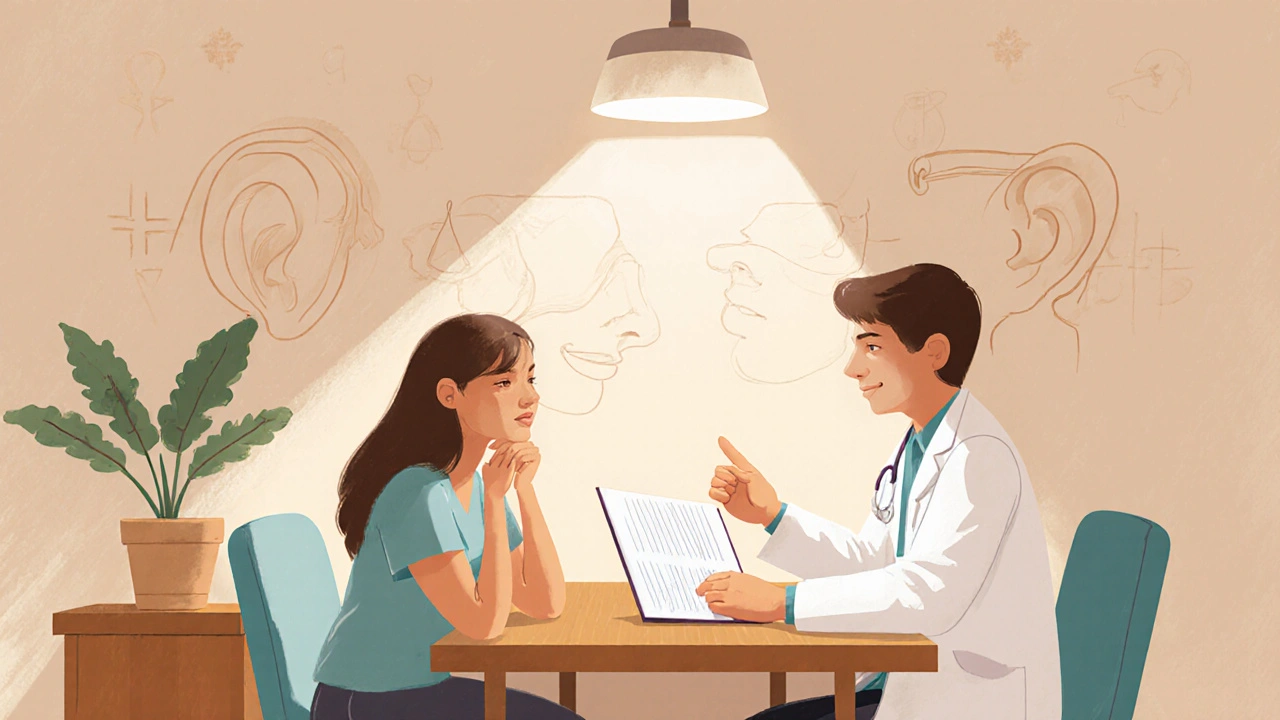 Doktor s pacientem probírá diagnózu a další kroky, oba usmívají se.