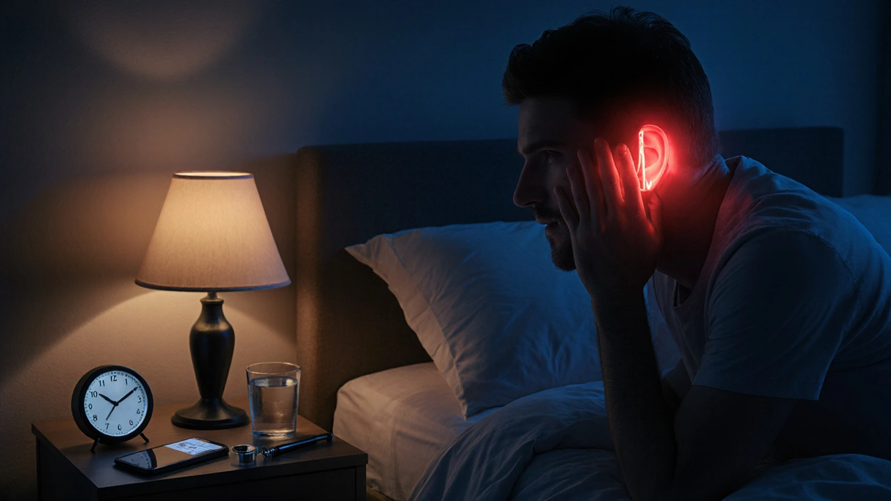 Dospělý muž v noci trpí bolestí ucha, v pozadí viditelné léky a hodiny ukazující pozdní hodinu.
