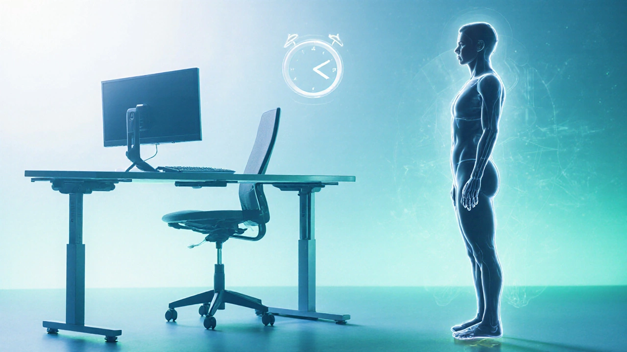 Ergonomické pracoviště s monitorem ve výšce očí a osoba dělá proprioceptivní cvik.