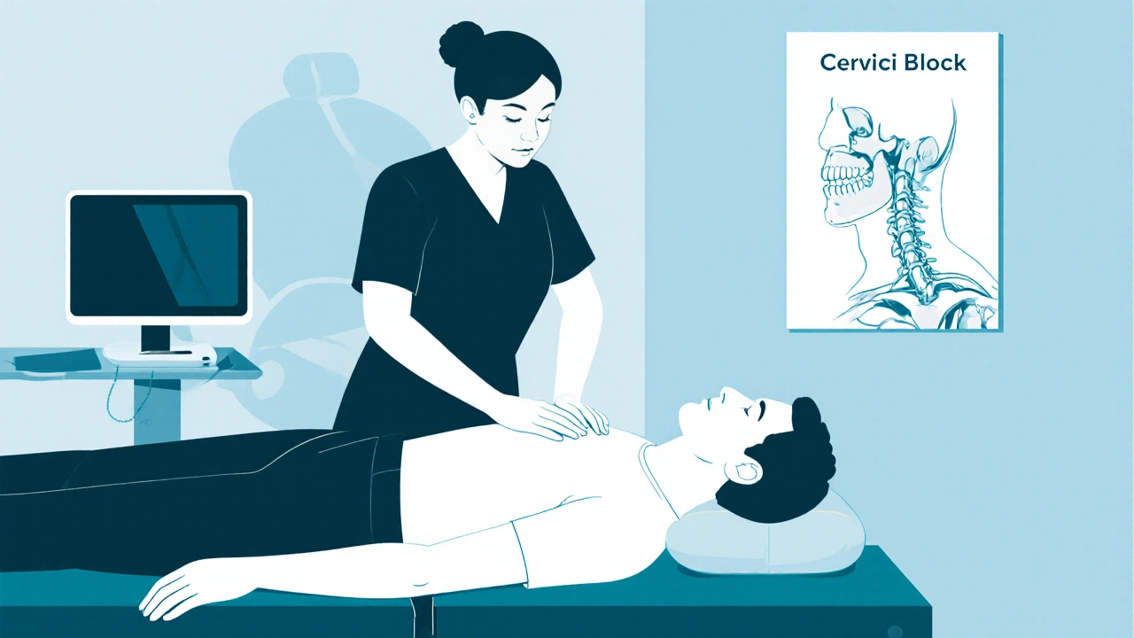 Fyzikoterapeut masíruje krk pacienta na klinickém stole.