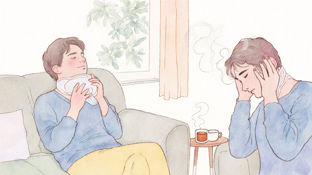 Ilustrace: člověk používá teplý obklad a provádí jemné otáčení hlavy.