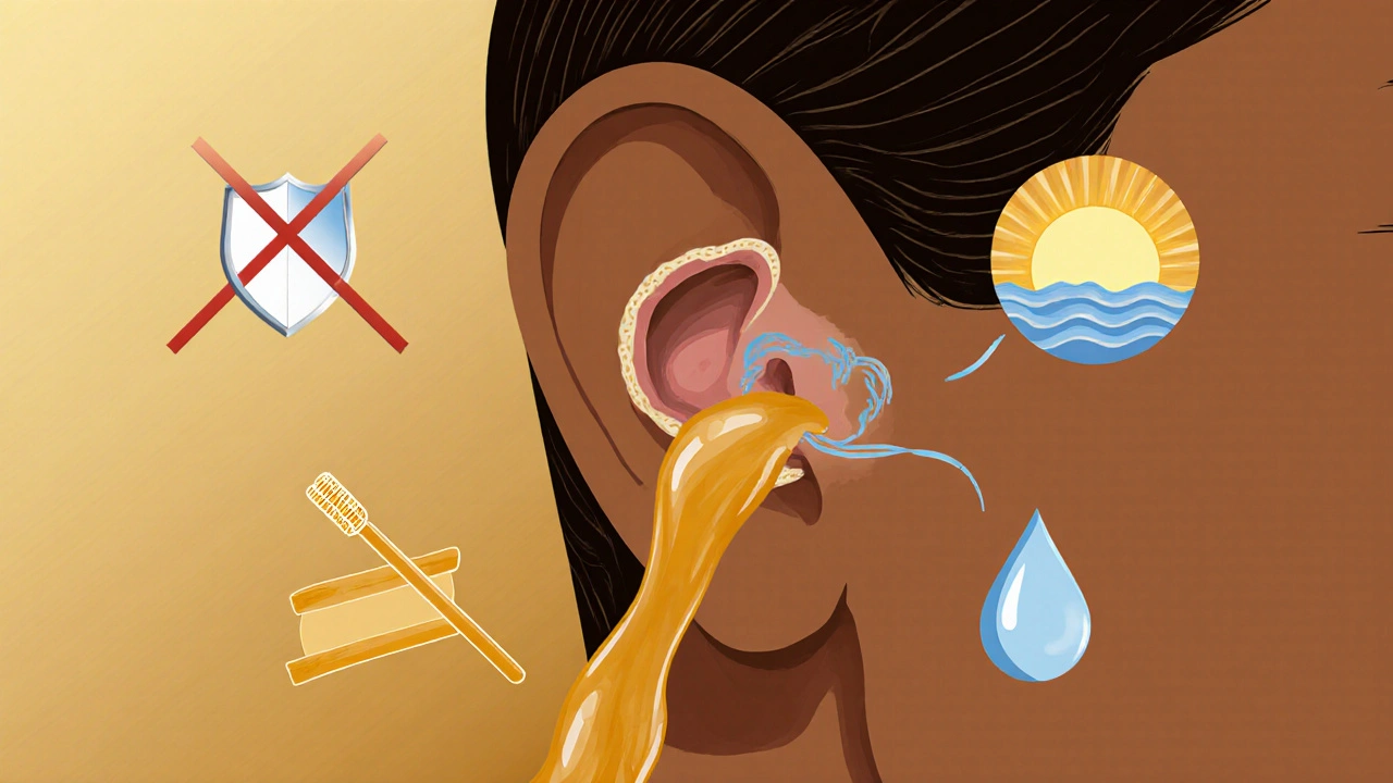 Koncepční obrázek ucha jako přirozeně čistícího systému s cerumenem pohybujícím se ven.