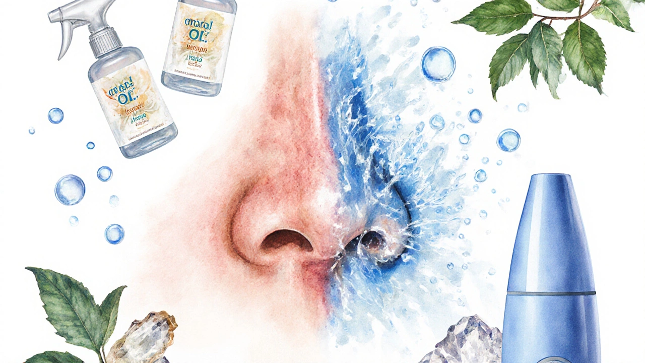 Koncepční obrázek zdravého vs. poškozeného nosního sliznice s přírodními prvky.