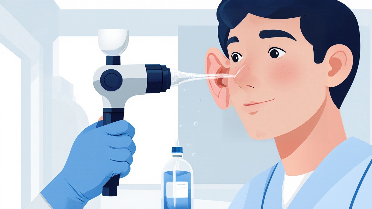 Lékař používá mikroskop a speciální nástroj k bezpečnému odstranění ušního cerumu.