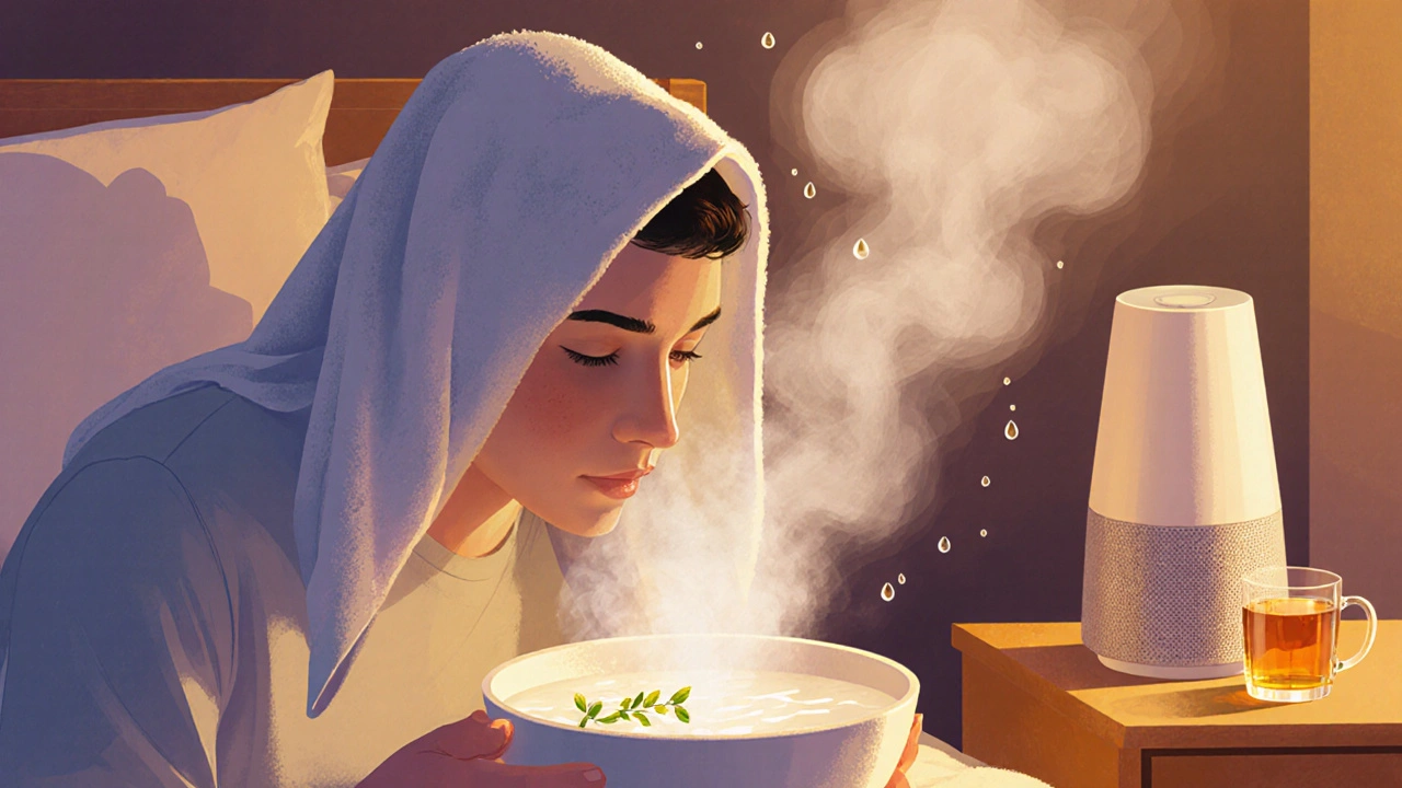 Osoba dýchá eukalyptovou páru z misky s horkou vodou.