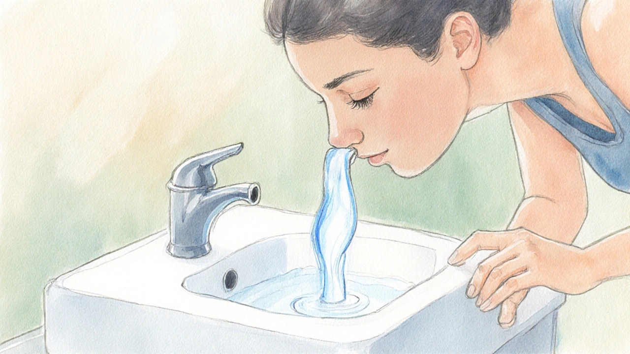 Osoba provádí nosní výplach nad umyvadlem, neti pot přitéká vodou do jedné nosní dírky.