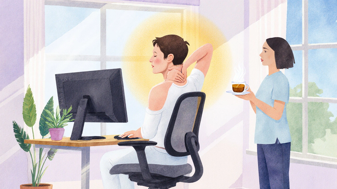 Osoba provádí protahovací cvičení při ergonomickém pracovním prostoru, doprovází ji klidná atmosféra.
