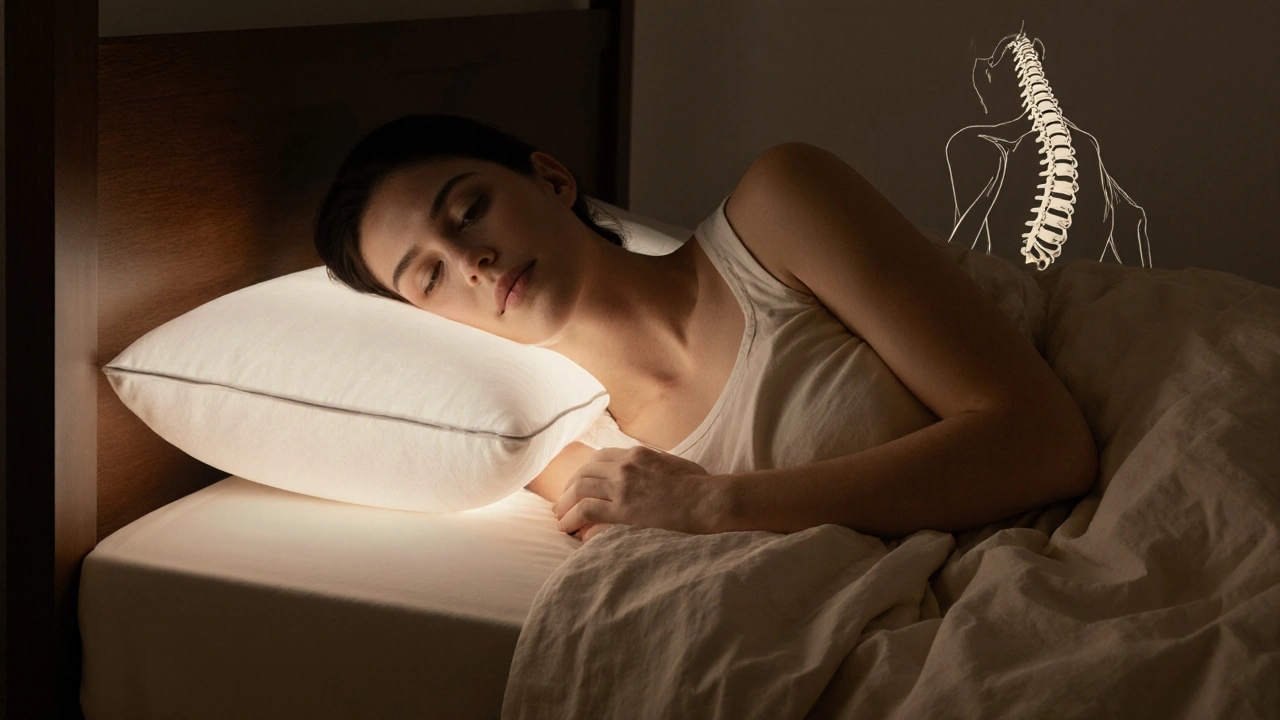 Osoba spící na boku s vysokým polštářem udržujícím hlavu v linii se zadní částí těla.