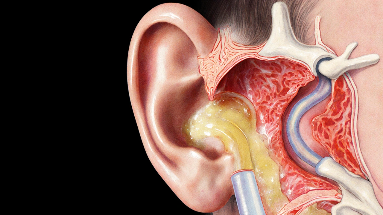 Technický náčrtek ucha s naplněnou tekutinou středním uchem a zablokovanou Eustachovou trubicí.