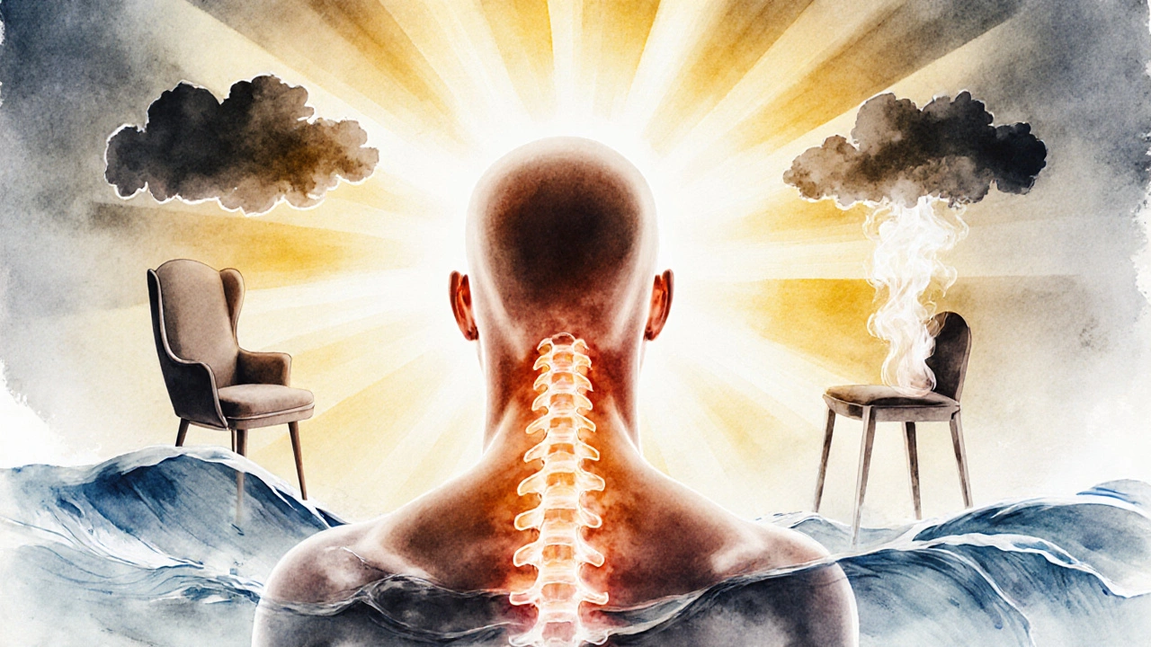 Abstraktní výjev s teplým zářením v oblasti krku, které rozptyluje stres a nesprávnou posturu.