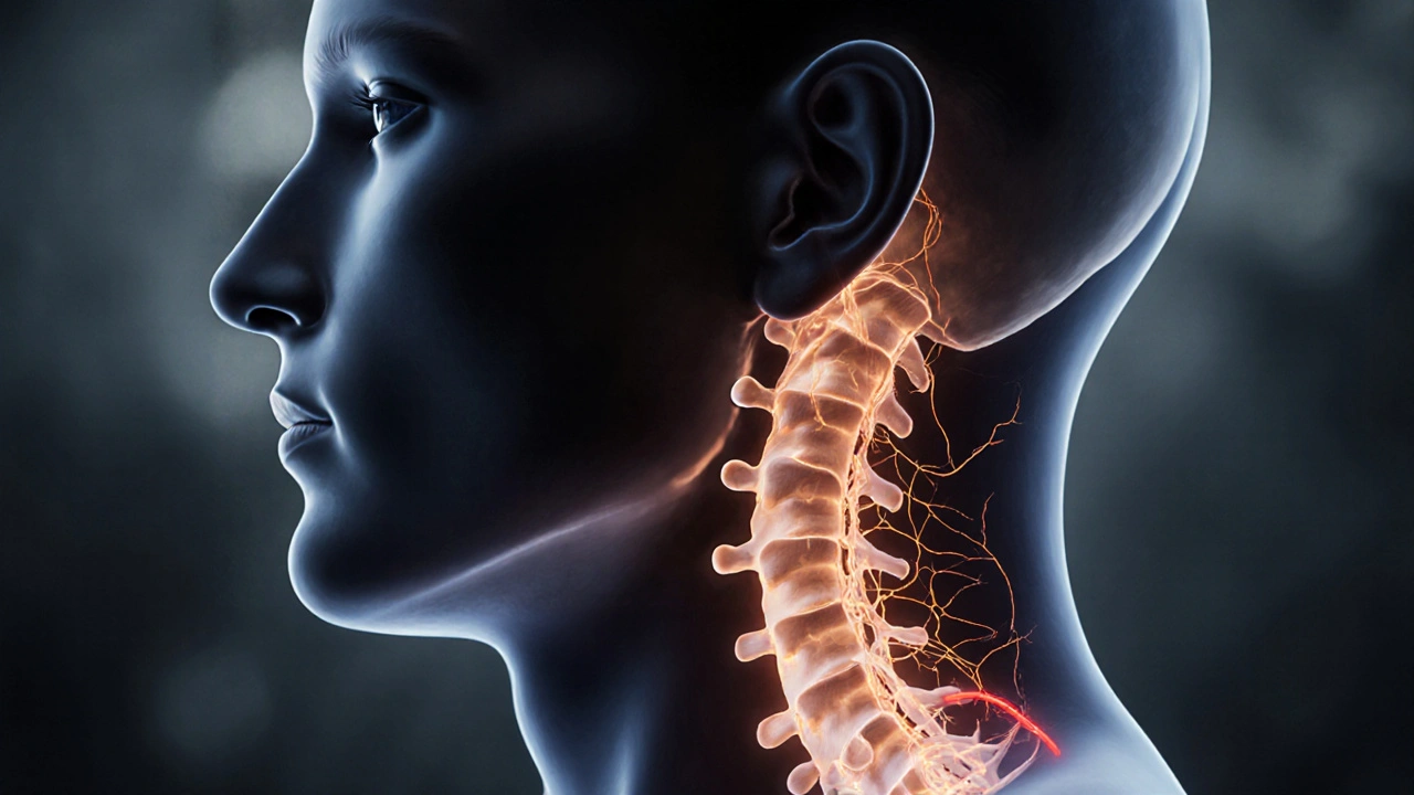 Bolest v krku ovlivňuje nervy, které se táhnou k očím, uchu a dechovému svalu — anatomická ilustrace v uměleckém stylu.