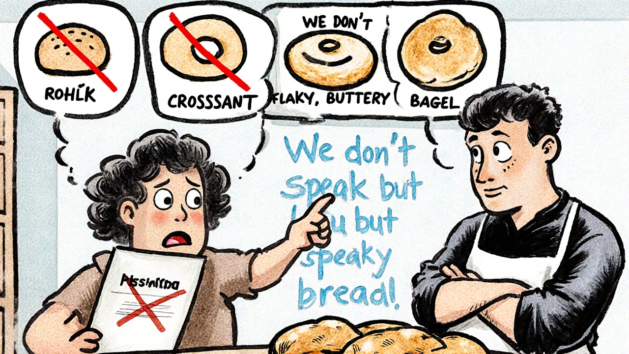 Český turista v zahraniční pekárně s třemi druhy chleba v bublinách.