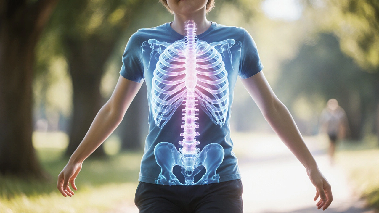 Člověk chodí v parku s otevřenou hrudníkem a přirozeným pohybem paží.