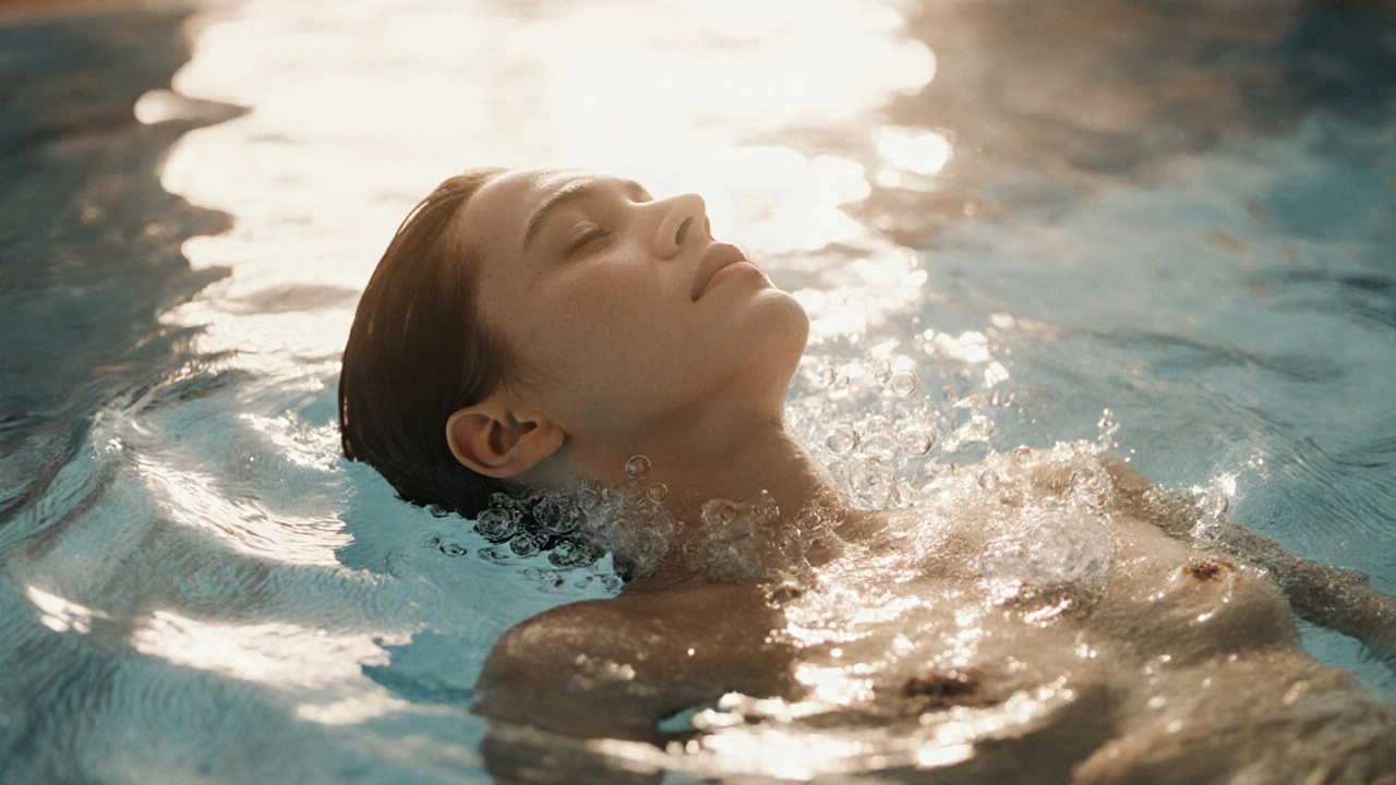 Člověk v teplé vodě, kde ho voda podporuje a uvolňuje bolest v krku.