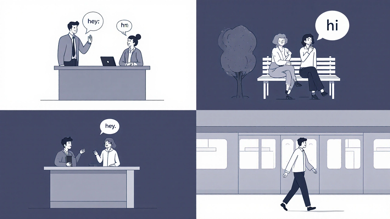 Čtyři scény pozdravů v angličtině: v kanceláři, na lavičce, na recepci a na nádraží.