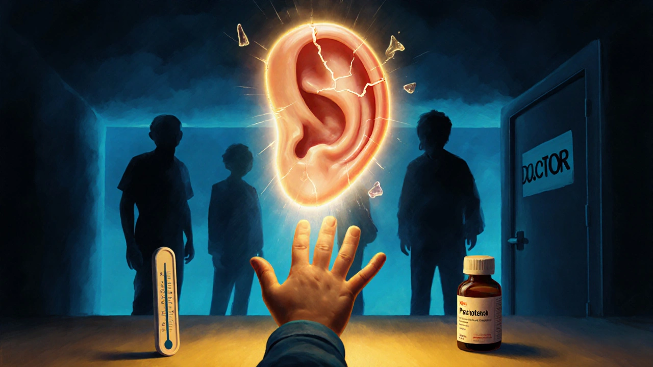 Dítě se dotýká světla tvaru ucha, zatímco temné příznaky infekce ustupují.