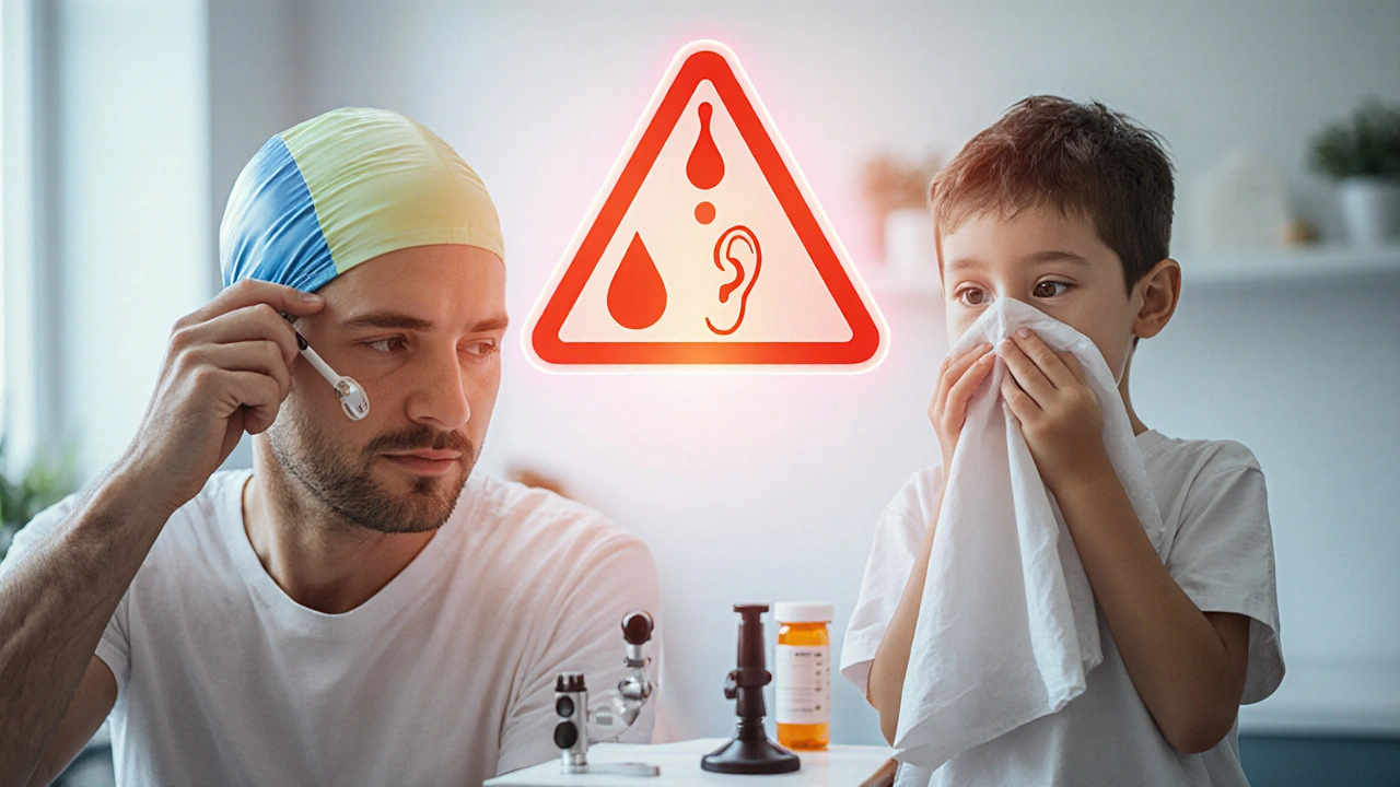 Dospělý a dítě vedle sebe, mezi nimi varovný symbol ucha s příznaky infekce.