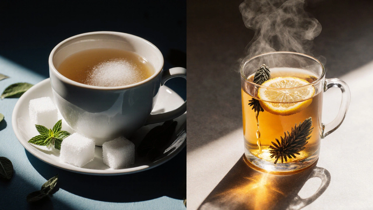 Dvě šálky čaje: jedna s cukrem a mentolem, druhá s medem a bylinami.
