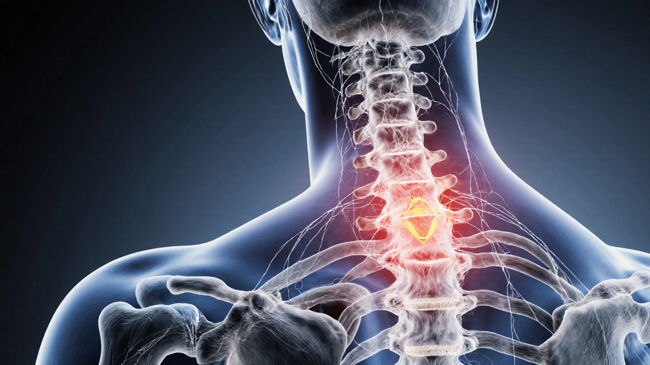 Ilustrace krční páteře s vysunutou ploténkou a bolestí se šířící do paže.