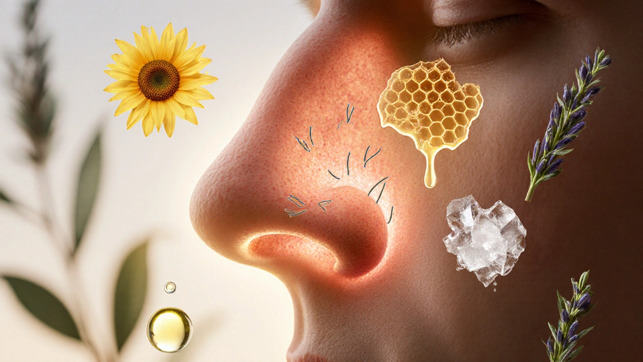 Ilustrace zdravé nosní sliznice s přirozenými látkami jako olej, med a mořská sůl.