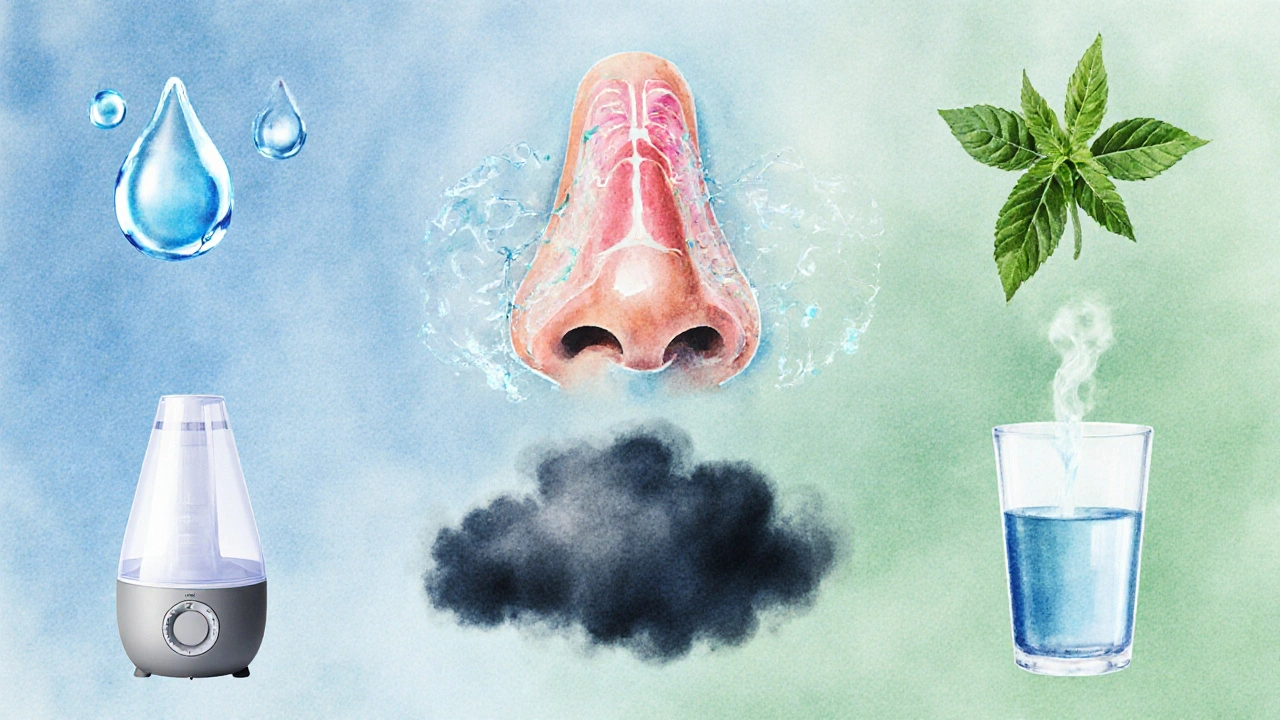 Koncepční obrázek nosu s přechodem od zácpy k čistému dýchání.