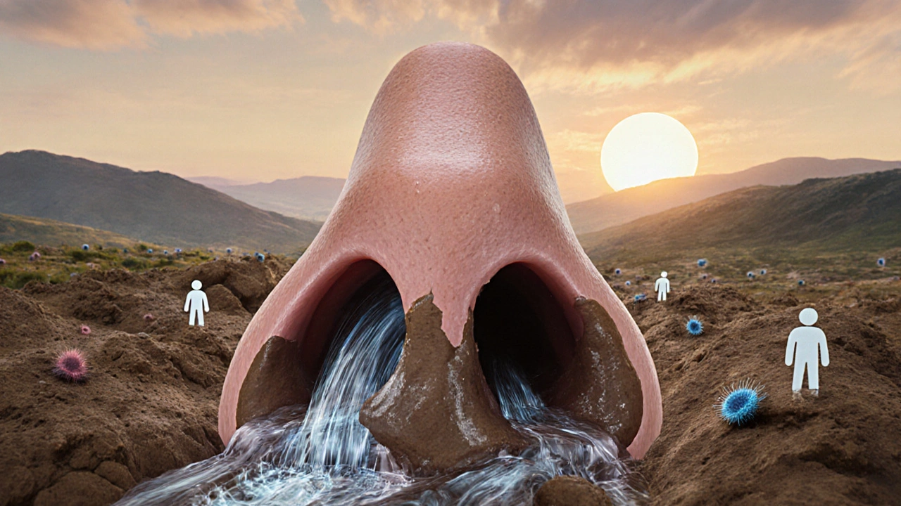 Koncepční obrázek zablokovaného nosu, který se uvolňuje proudem vody.