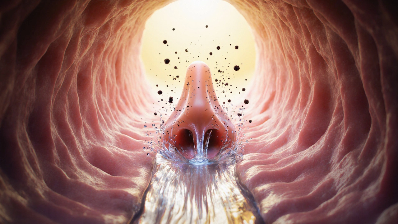 Koncepční zobrazení čistého nosního průduchu s proudem roztoku odstraňujícího nečistoty.