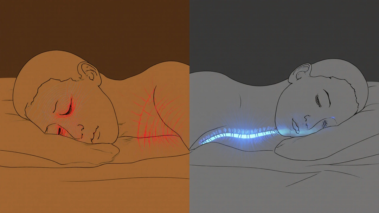 Kontrastní ilustrace: spánek na levé straně způsobuje napětí v krku, na pravé je klid.