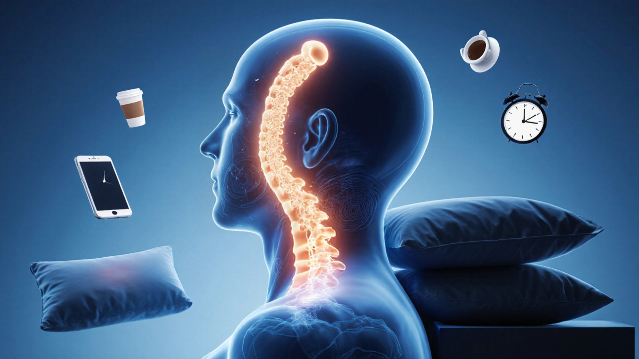 Kosterní obrázek krční páteře s C1-C2 obratli v záři a ideálním polštářem pod hlavou.