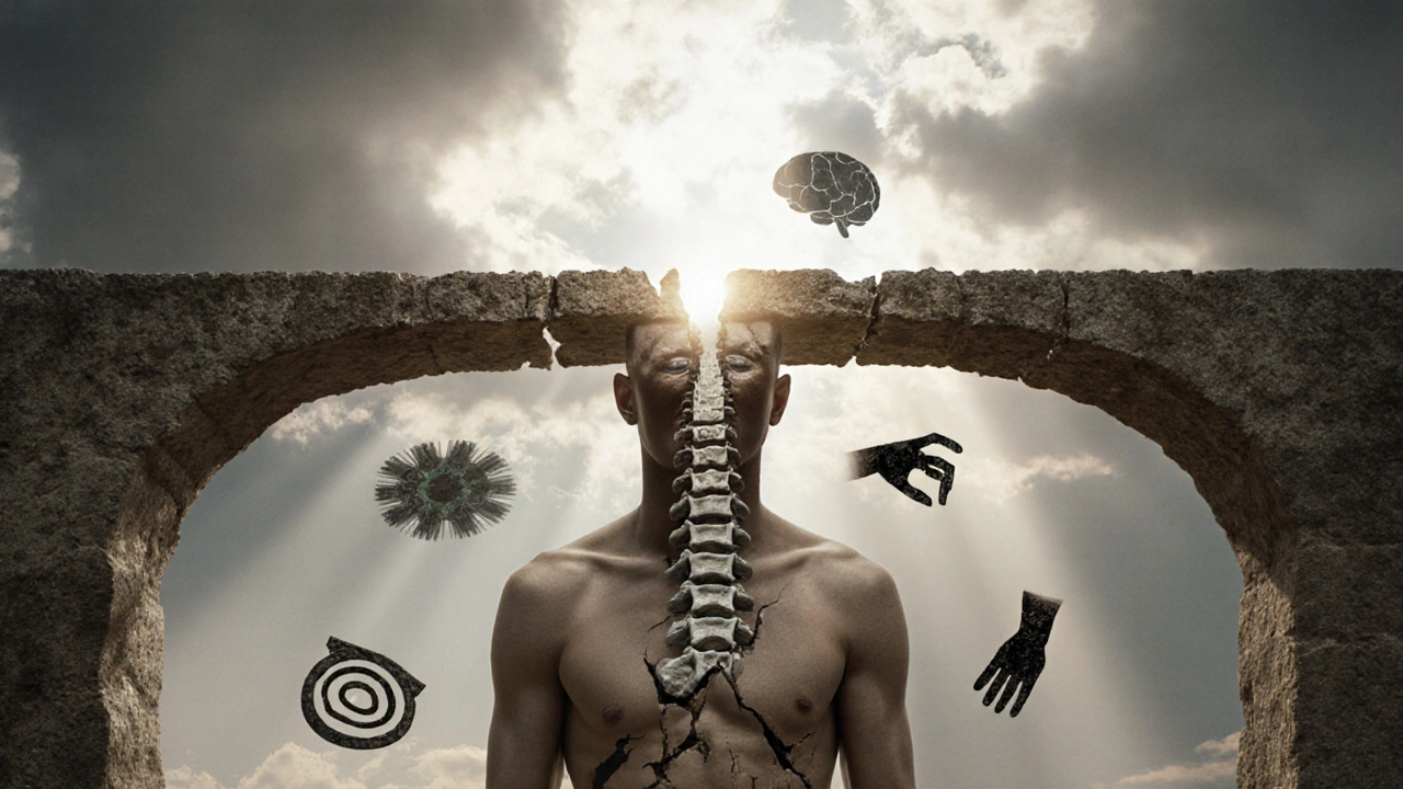 Krční páteř jako poškozený kamenný most, pod ním plavou symboly závratů, brnění a únavy, záře světla naznačuje léčbu.