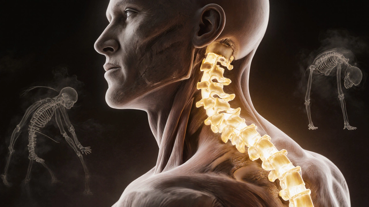 Křehká ilustrace hrudní páteře s jedním zablokovaným kloubem a napnutými svaly kolem.