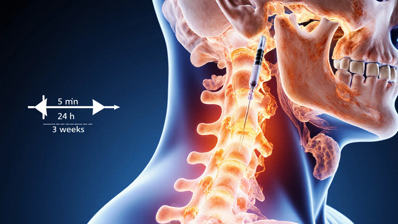 Křížový řez krční páteře s injekcí léku do nervového kořene.