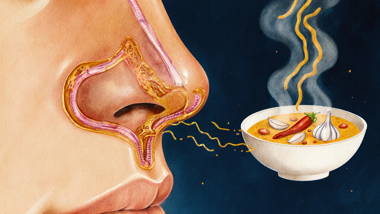 Křížový řez nosu ukazující blokované a volné čichové cesty s vůněmi potravin.