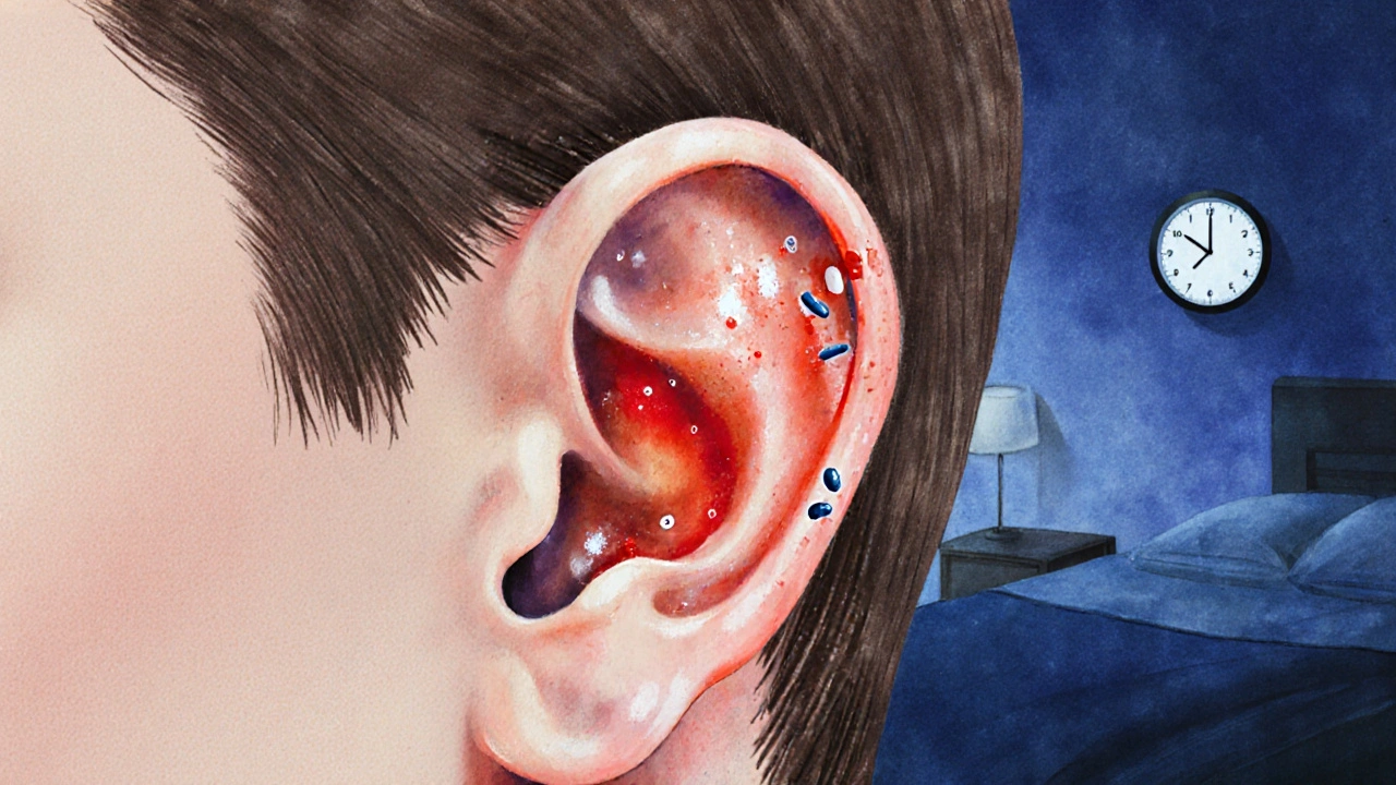 Křížový řez ucha s inflamovanou dutinou a hnisem za tympanem.