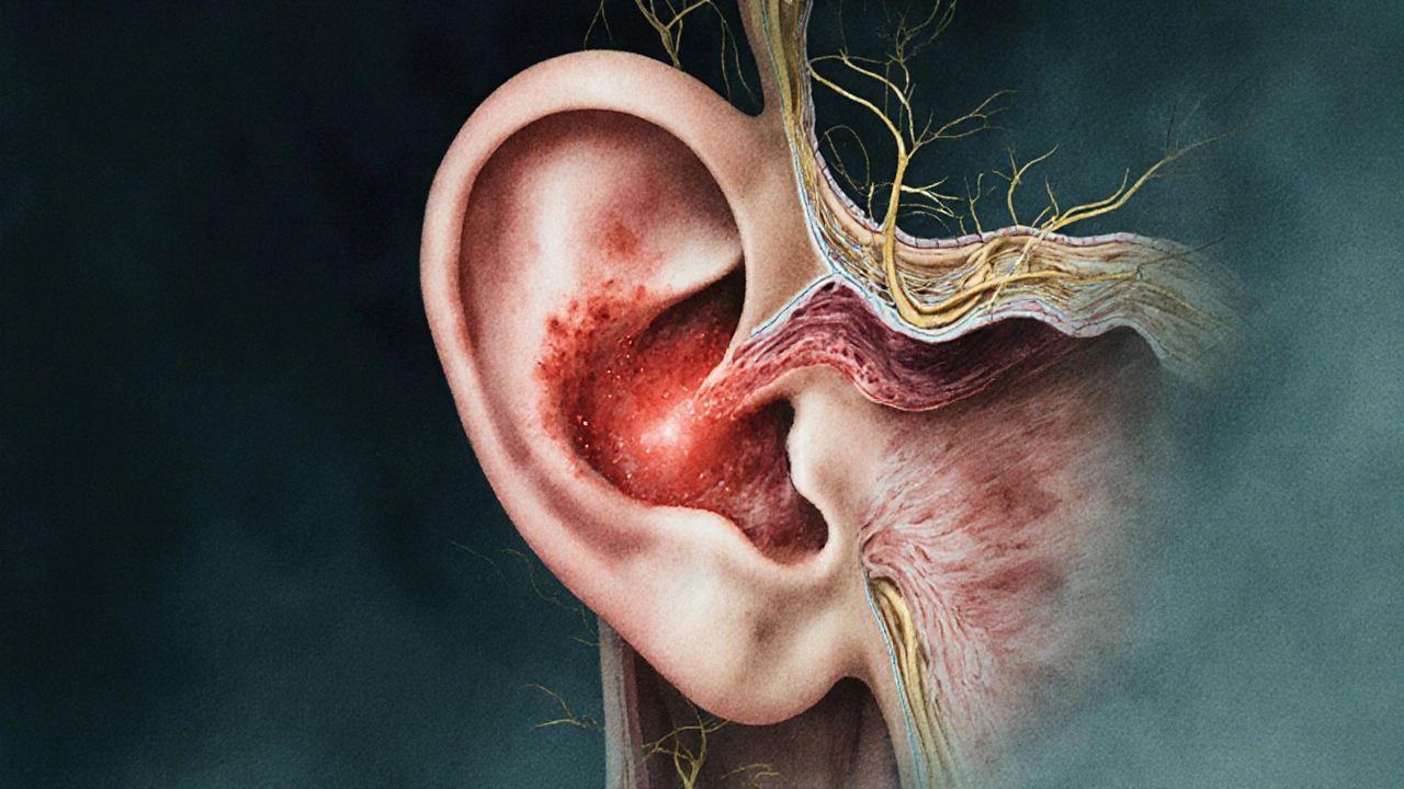 Křížový řez ucha s příznaky zánětu a tekutinou za bubínkem, spojené s krkem a čelistí.