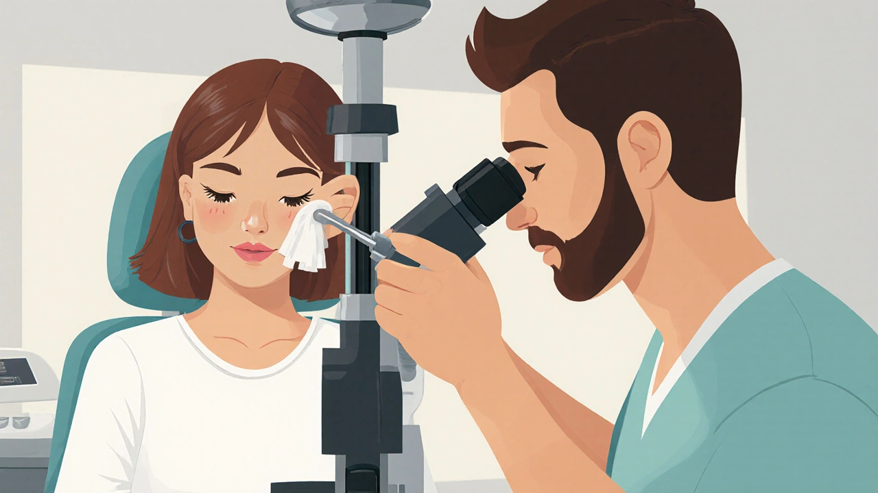 Lékař odstraňuje vatový kousek z ucha pomocí mikroskopu a pinzety.