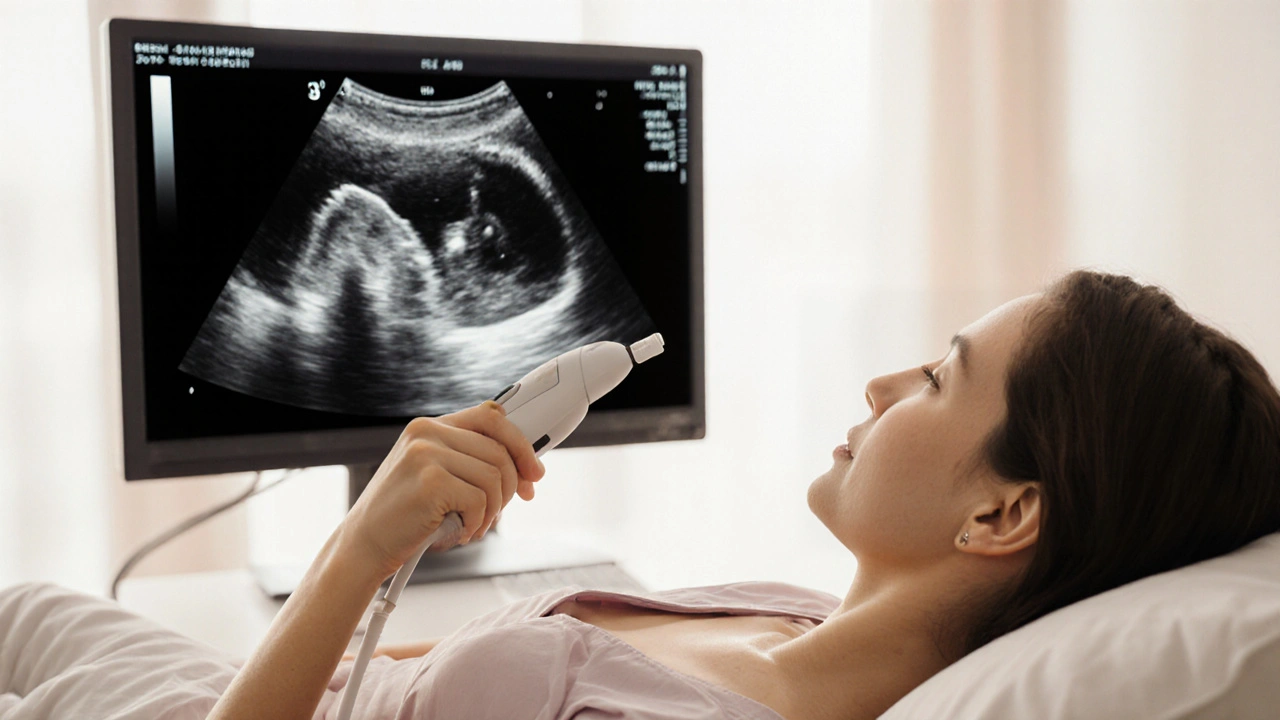 Lékař provádí ultrazvuk prsu pomocí sondu a gelu na kůži.