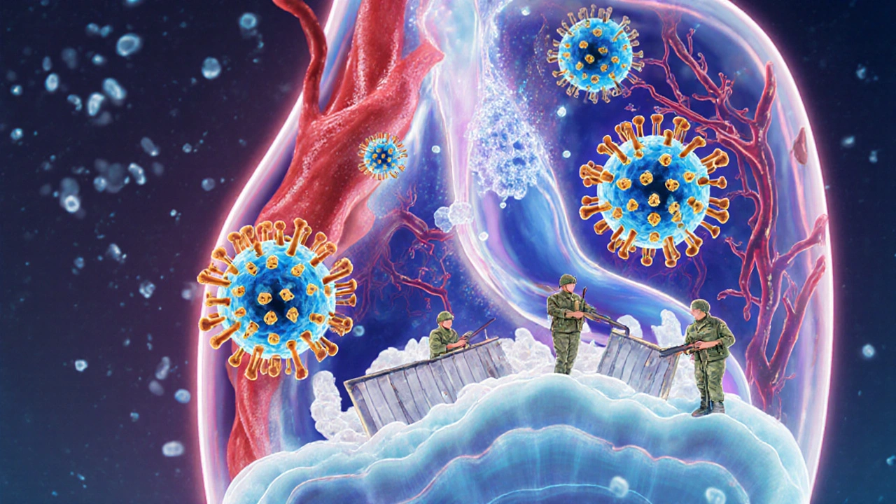 Mikroskopický pohled na nosní sliznici s viry a bílými krvinkami bojujícími proti infekci.