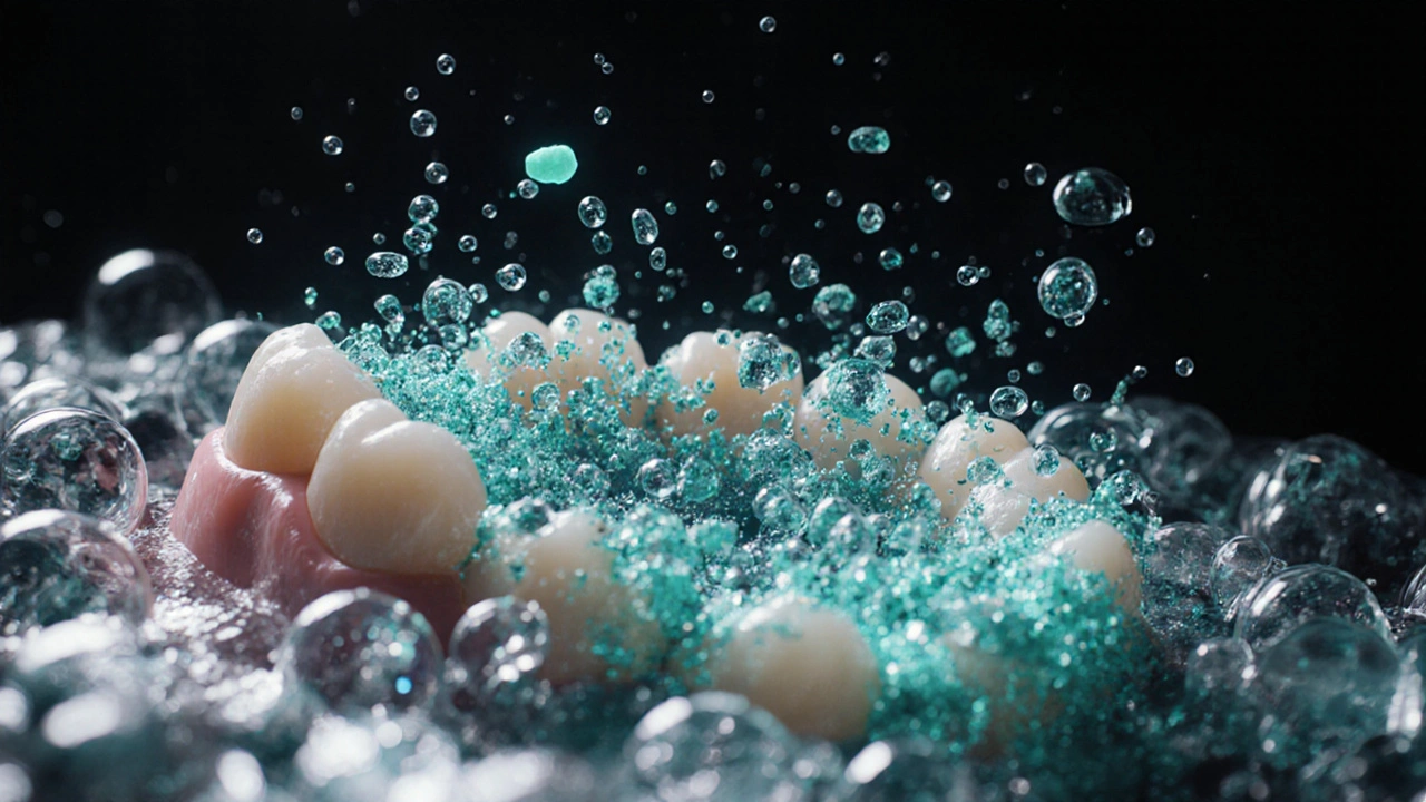 Mikroskopický pohled na odstraňování biofilmu z zubní protézy ultrazvukem.