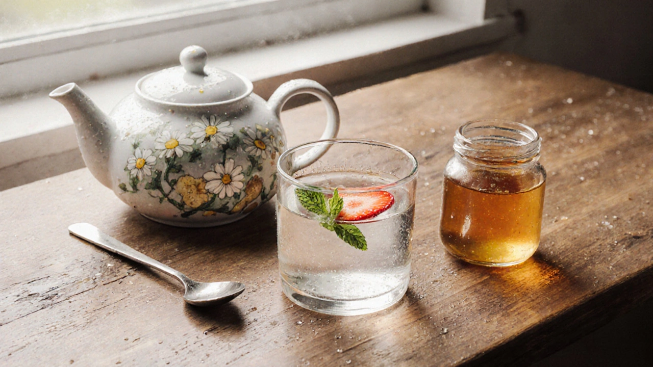 Na dřevěné tabuli jsou rozmístěny přírodní nápoje proti rýmě.