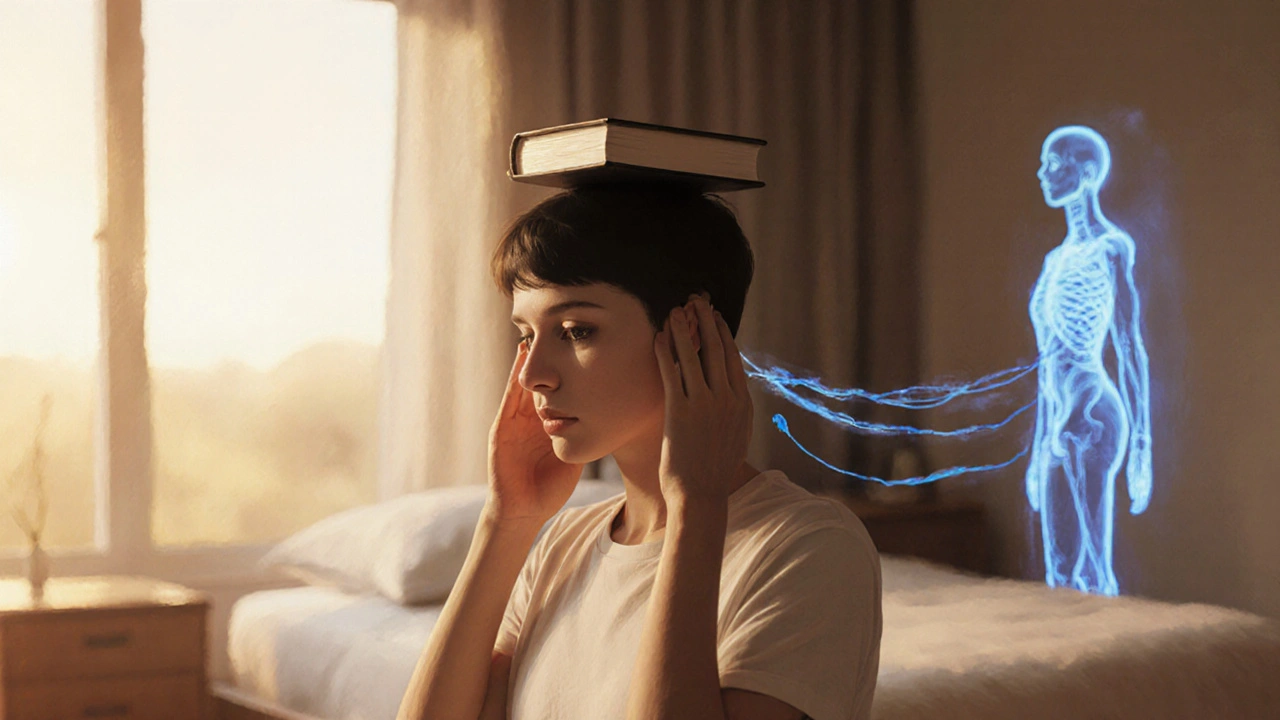 Osoba drží hlavu v neutrální poloze a jemně stiskne klíční kost, oči zavřené.