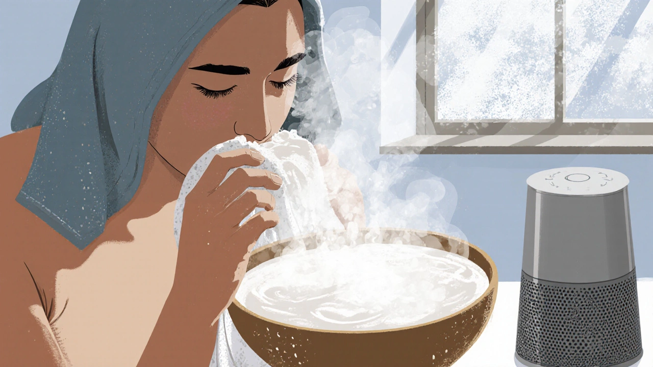 Osoba dýchá páru z misky s teplou solnou vodou, pokrytá ručníkem.