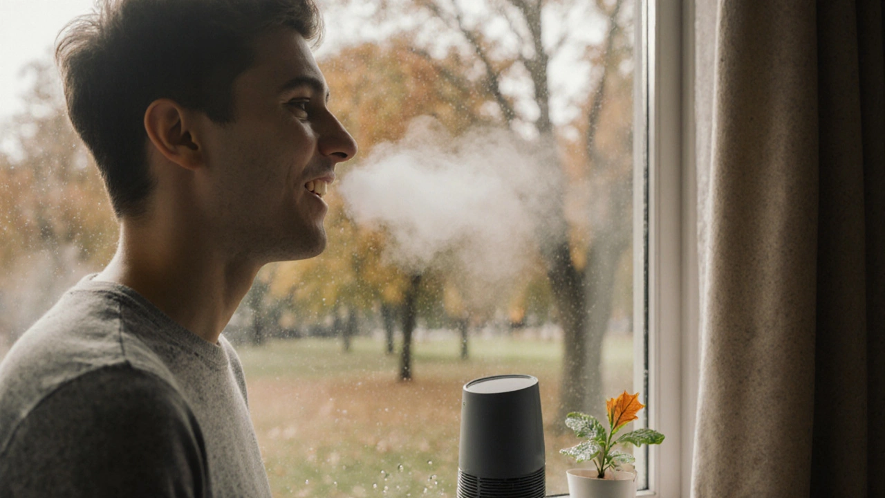 Osoba klidně dýchá skrze nos při procházce v parku, slunce svítí skrz listí.