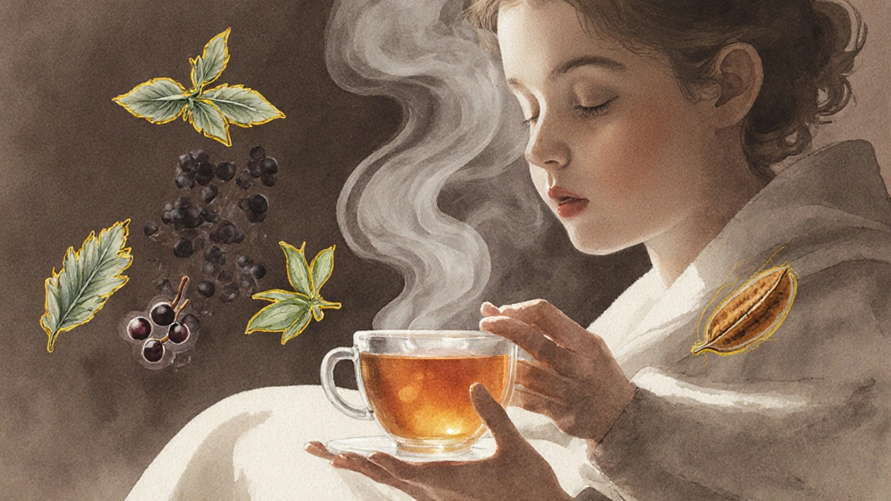 Osoba pije horký čaj, z páry vystupují tvary bylin pro úlevu od rýmy.