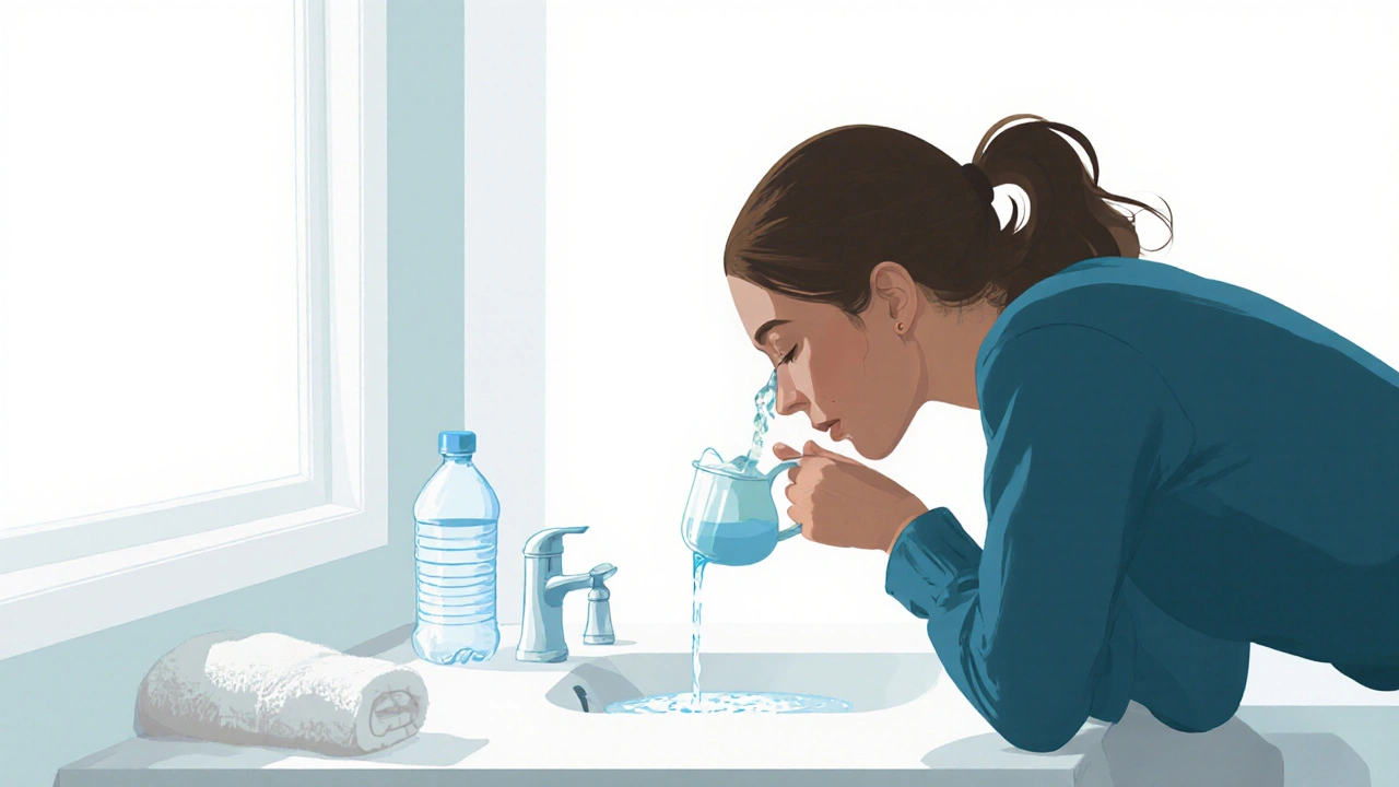 Osoba proplachuje nos solným roztokem pomocí nádobky Neti pot.