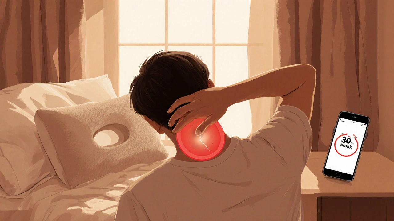 Osoba provádí jemné natahování krku v posteli s vhodným polštářem a ranním světlem.