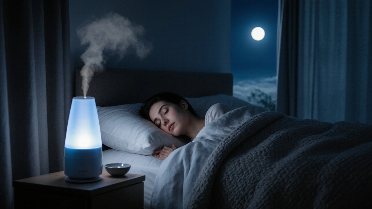 Osoba spí na dvou polštářích s vlhčovačem vzduchu vedle postele ve večerním světle.