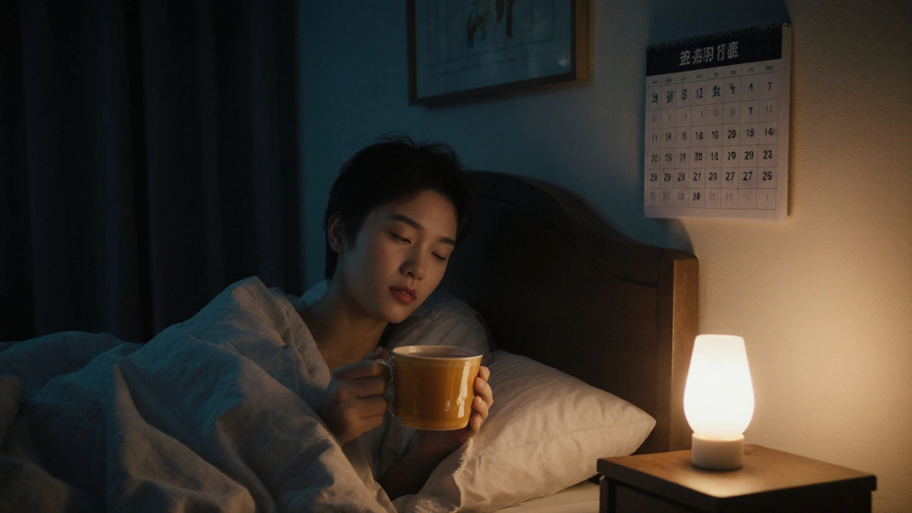 Osoba v posteli pije teplý čaj večer před spaním.